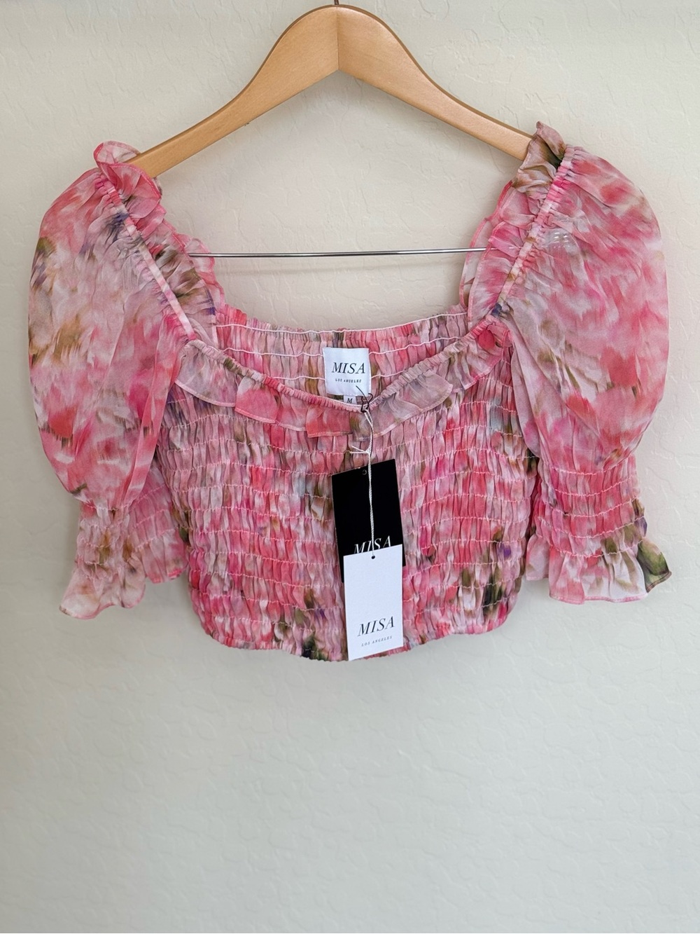 MISA Los Angeles Abbey Smocked Puff Sleeve Crop Top Pink Floral Size M NWT